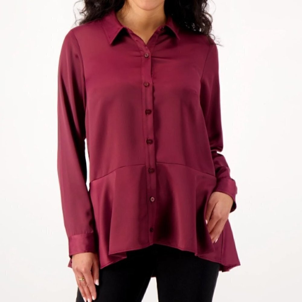 NEW Isaac Mizrahi Women's Burgundy Satin Peplum Blouse Button Front Long Sleeves